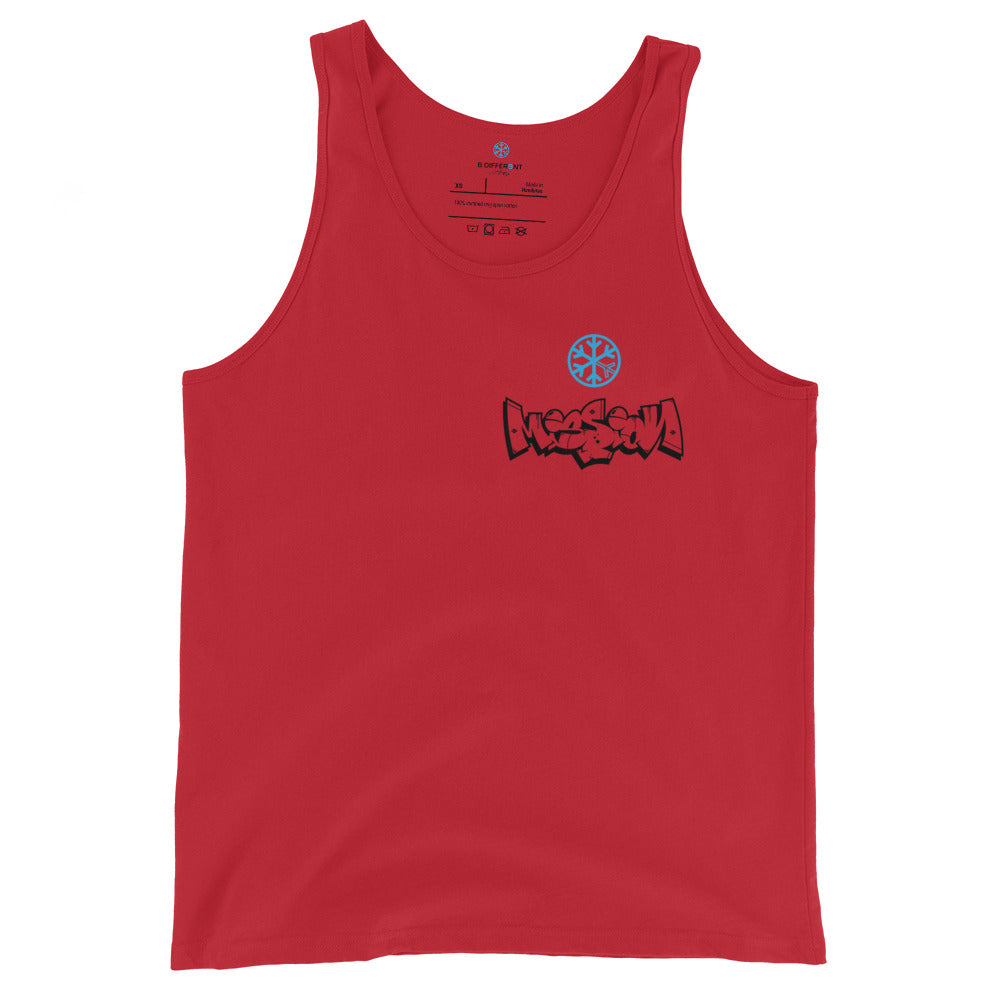 Red-Mission Graffiti Character Tank Top from B.Different Clothing, front view, graffiti-inspired streetwear