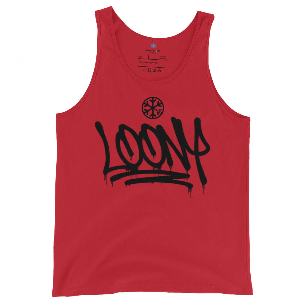 Red-Loony Graffiti Tag Tank Top from B.Different Clothing, front view, graffiti-inspired streetwear