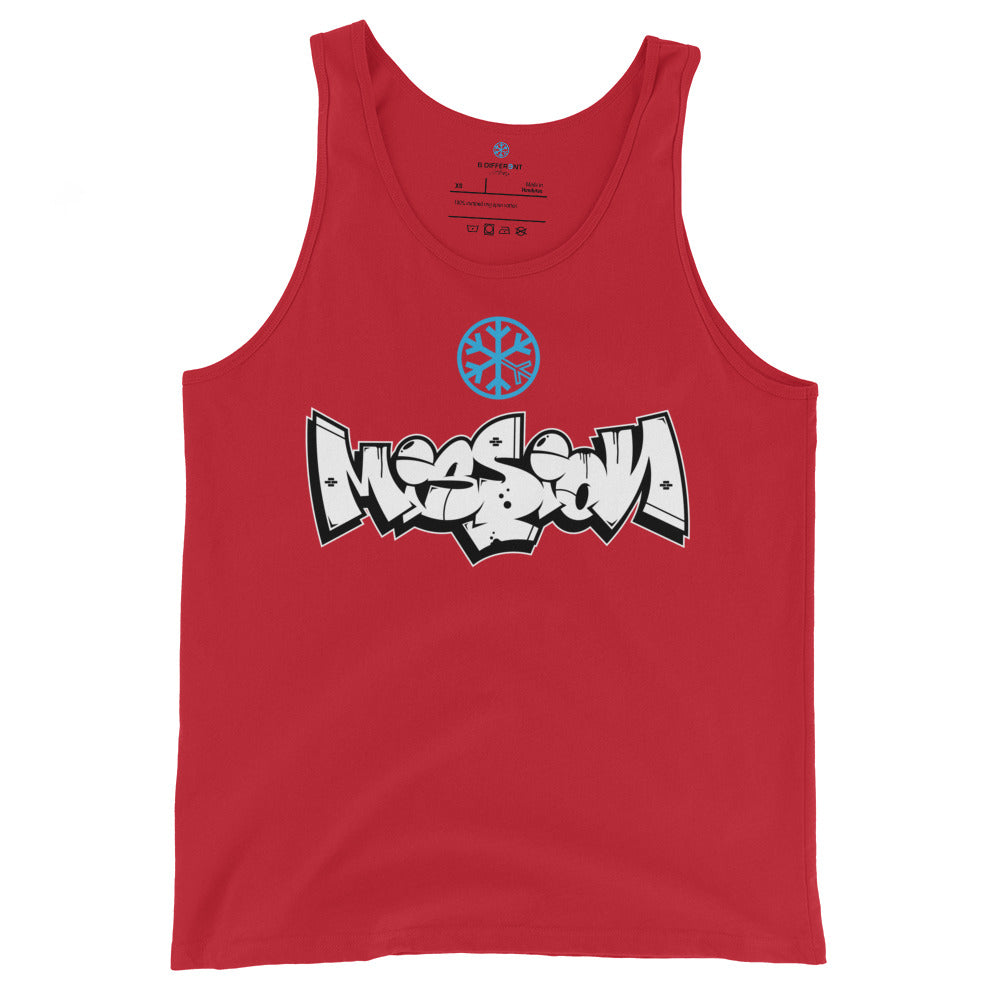 Red-Mission Graffiti Piece Tank Top from B.Different Clothing, front view, graffiti-inspired streetwear