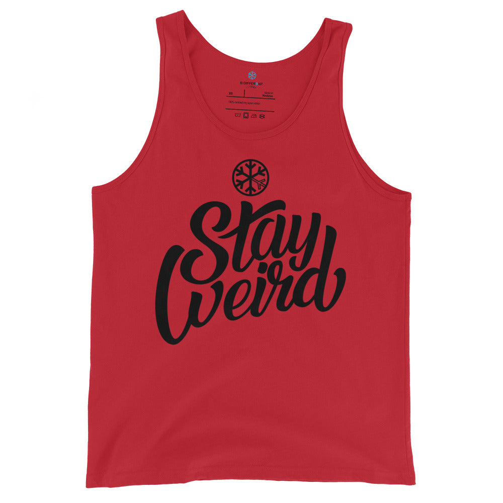 Red-Stay Weird Tank Top from B.Different Clothing, front view, graffiti-inspired streetwear