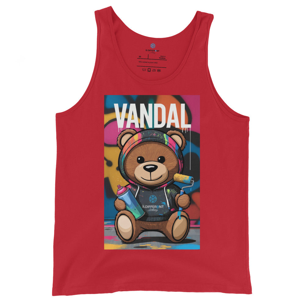 Red-Vandal Teddy Bear Graffiti Tank Top from B.Different Clothing, front view, graffiti-inspired streetwear