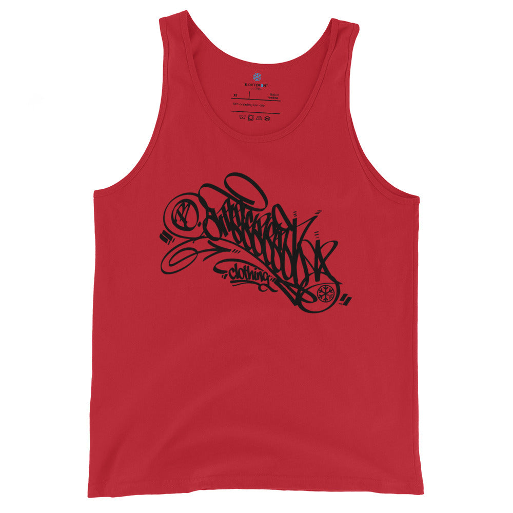 Red-B.Different Clothing Graffiti Tag Tank Top from B.Different Clothing, front view, graffiti-inspired streetwear