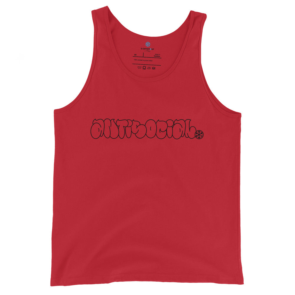Red-Antisocial Graffiti Hollow Tank Top from B.Different Clothing, front view, graffiti-inspired streetwear