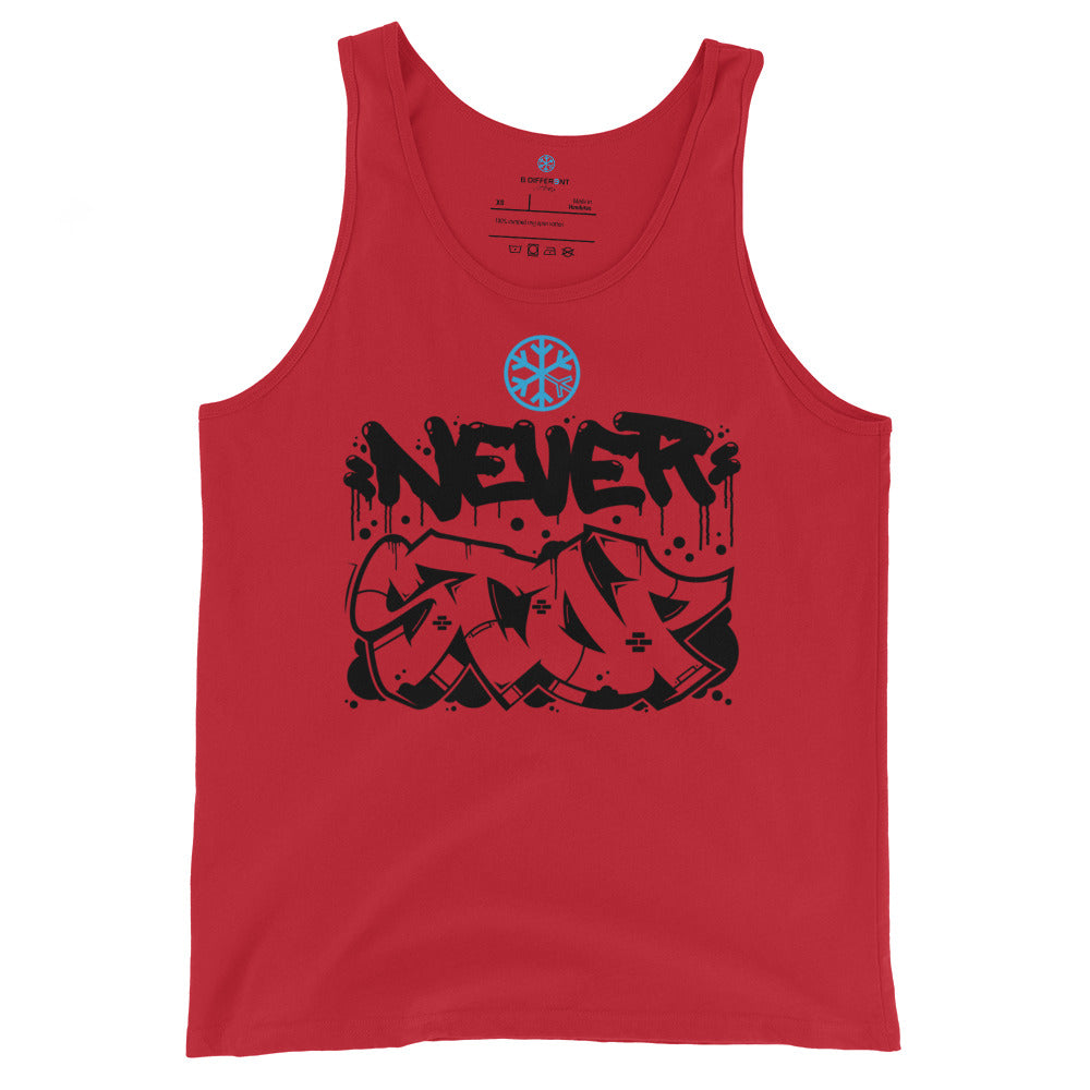 Red-Never Stop Graffiti Piece Tank Top from B.Different Clothing, front view, graffiti-inspired streetwear