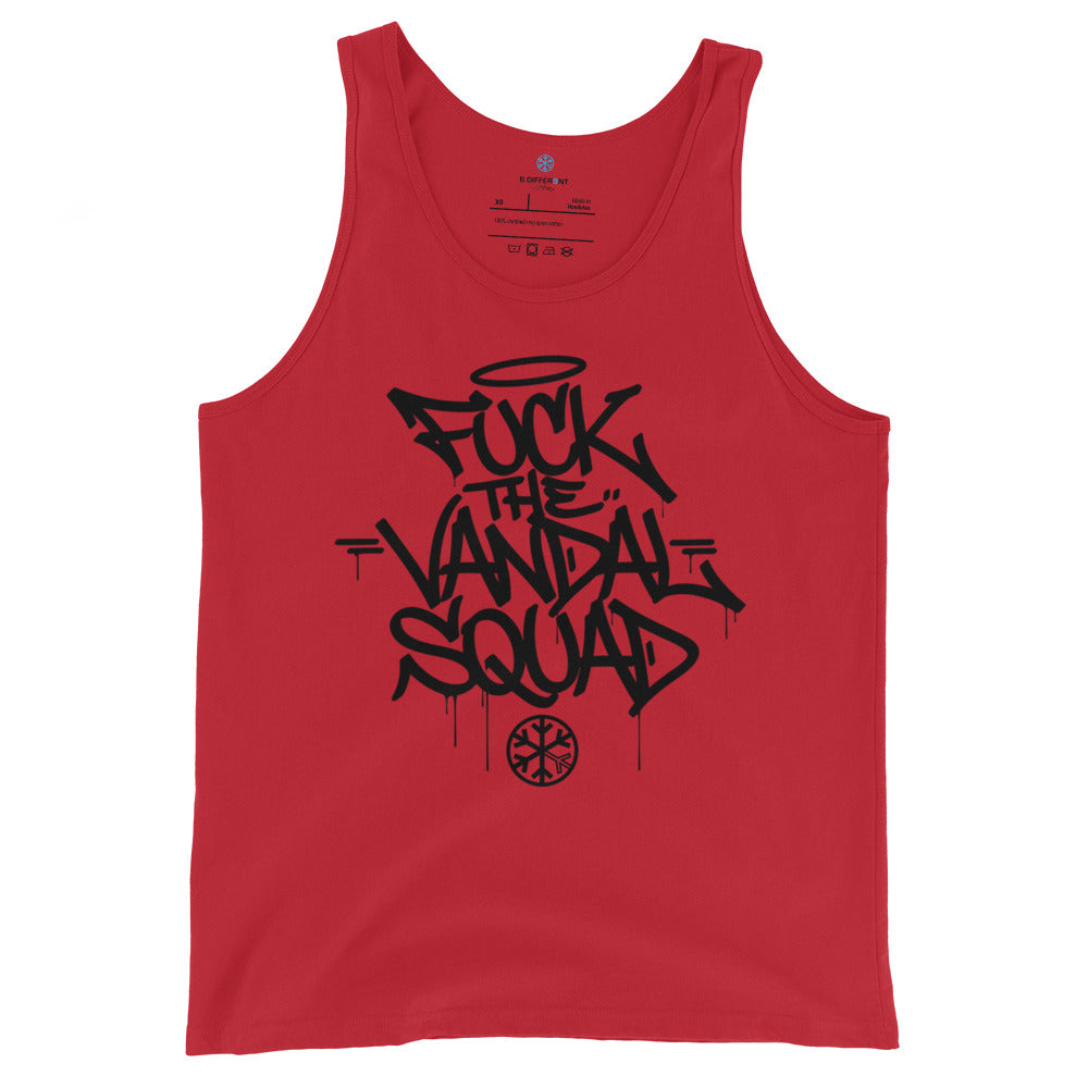 Red-Fuck The Vandal Squad Graffiti Tank Top from B.Different Clothing, front view, graffiti-inspired streetwear