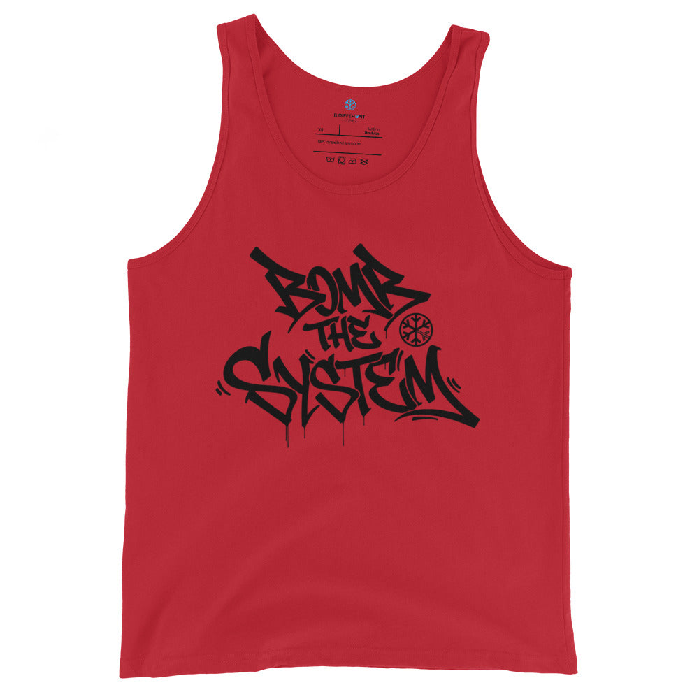 Red-Bomb The System Graffiti Tank Top from B.Different Clothing, front view, graffiti-inspired streetwear