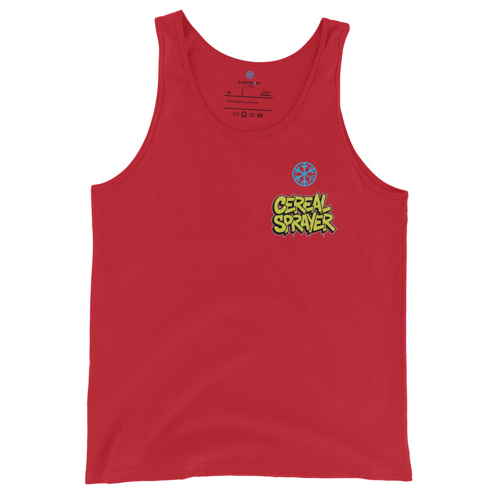 Red-Cereal Sprayer Graffiti Tank Top from B.Different Clothing, back view, graffiti-inspired streetwear