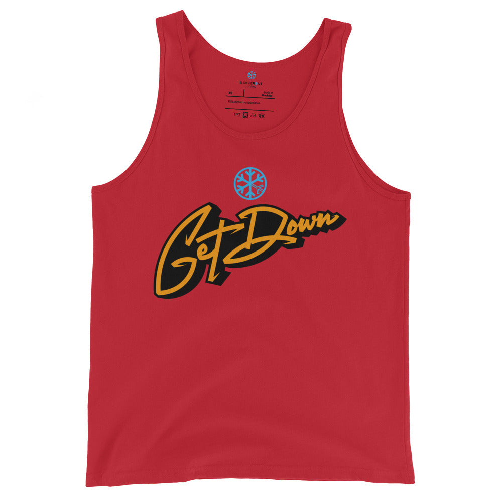 Red-Get Down Graffiti Lettering Tank Top from B.Different Clothing, front view, graffiti-inspired streetwear