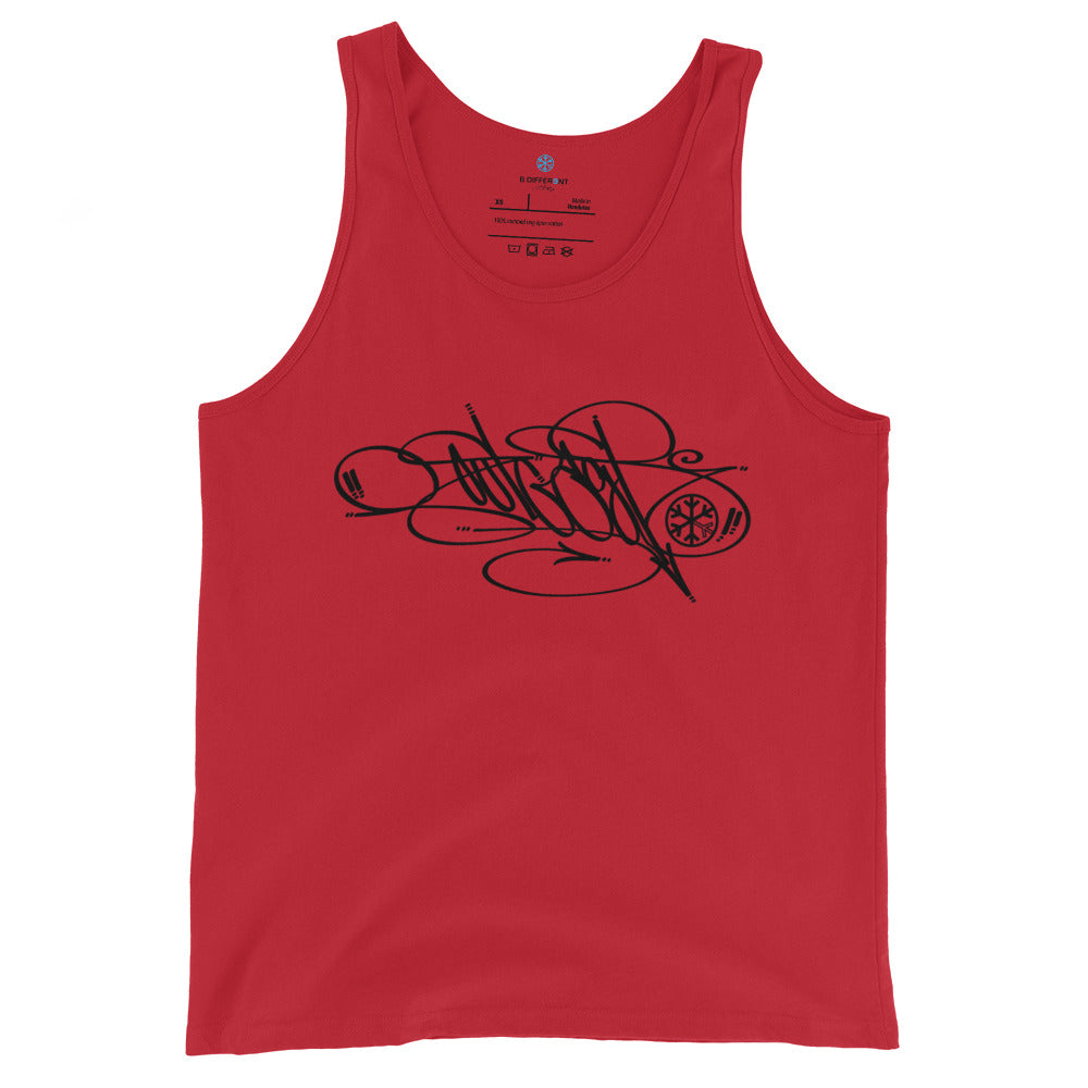 Red-Outcast Tag Tank Top by Graffiti Dad from B.Different Clothing, front view, graffiti-inspired streetwear