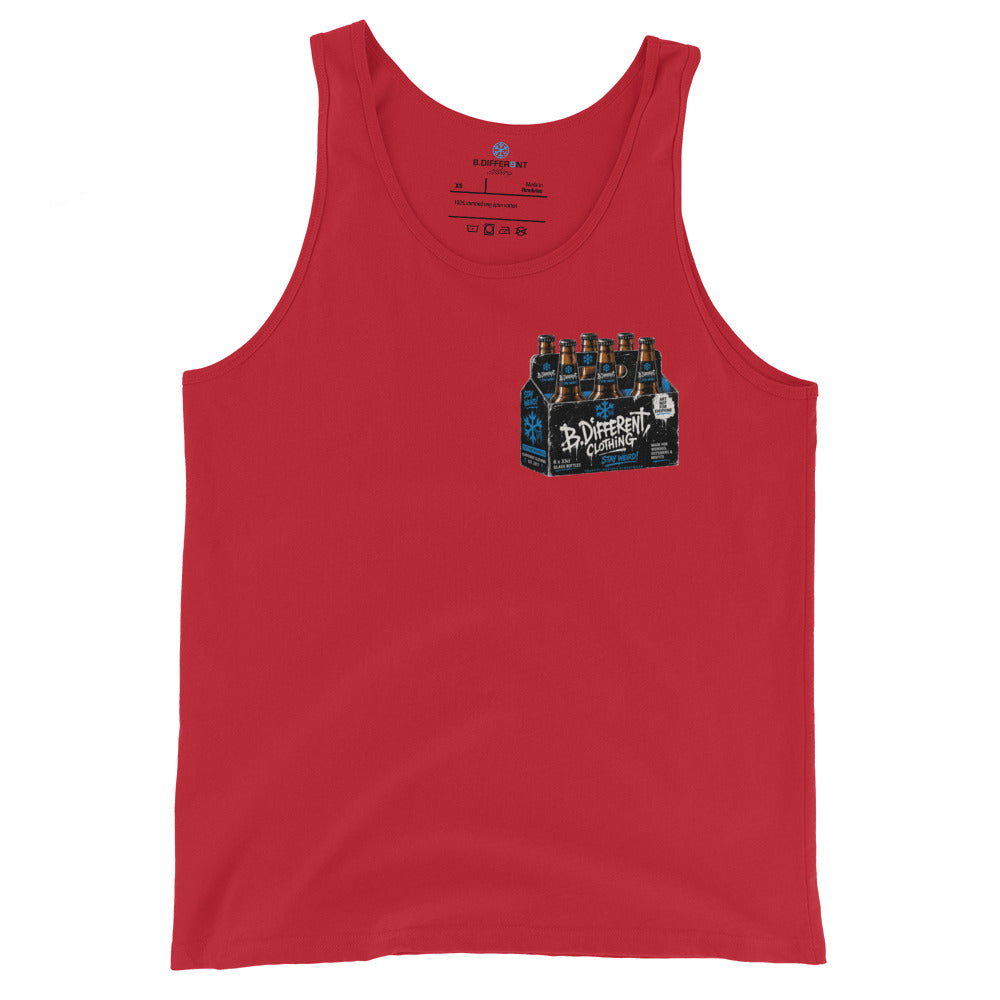 Red-Six Pack Beer Graffiti Tank Top from B.Different Clothing, front view, graffiti-inspired streetwear