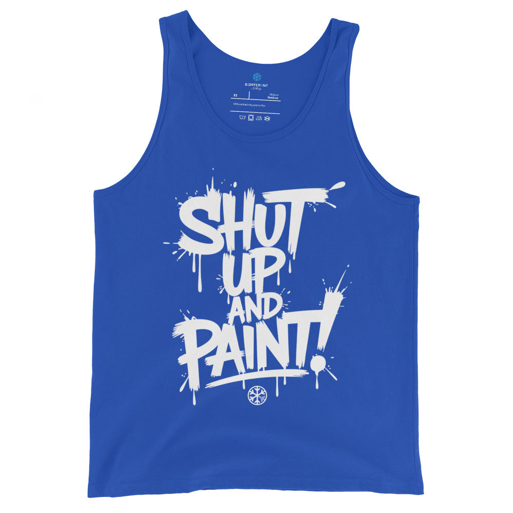 Blue-Shut Up and Paint Graffiti Tank Top from B.Different Clothing, front view, graffiti-inspired streetwear