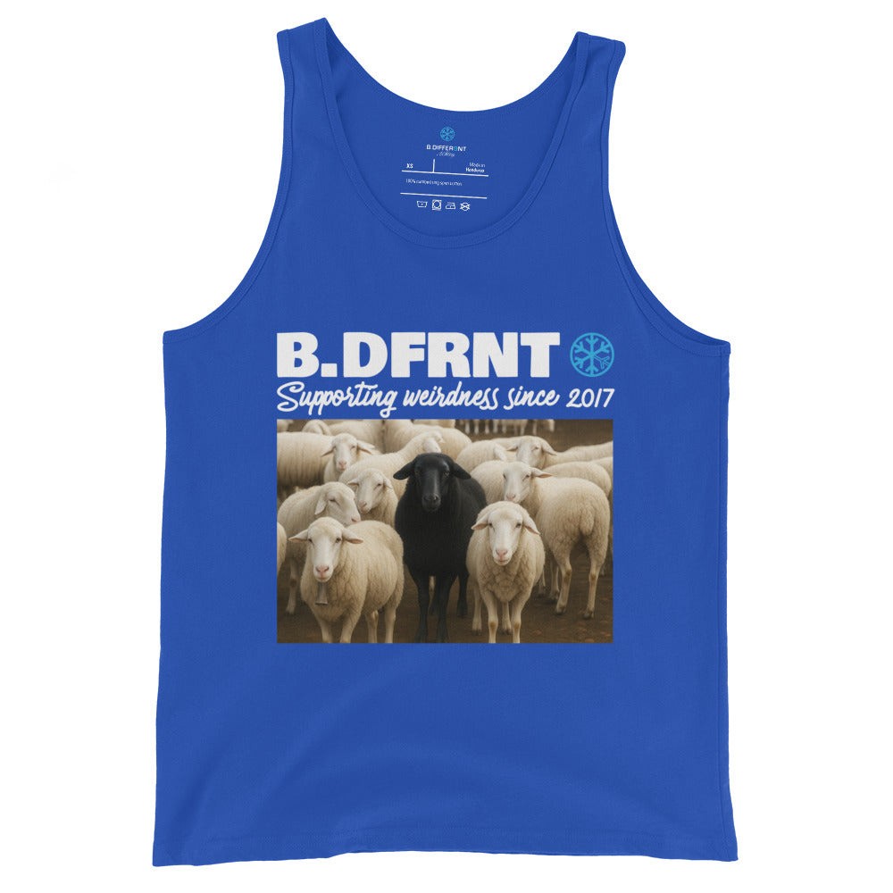 Blue-Black Sheep Tank Top from B.Different Clothing, front view, graffiti-inspired streetwear