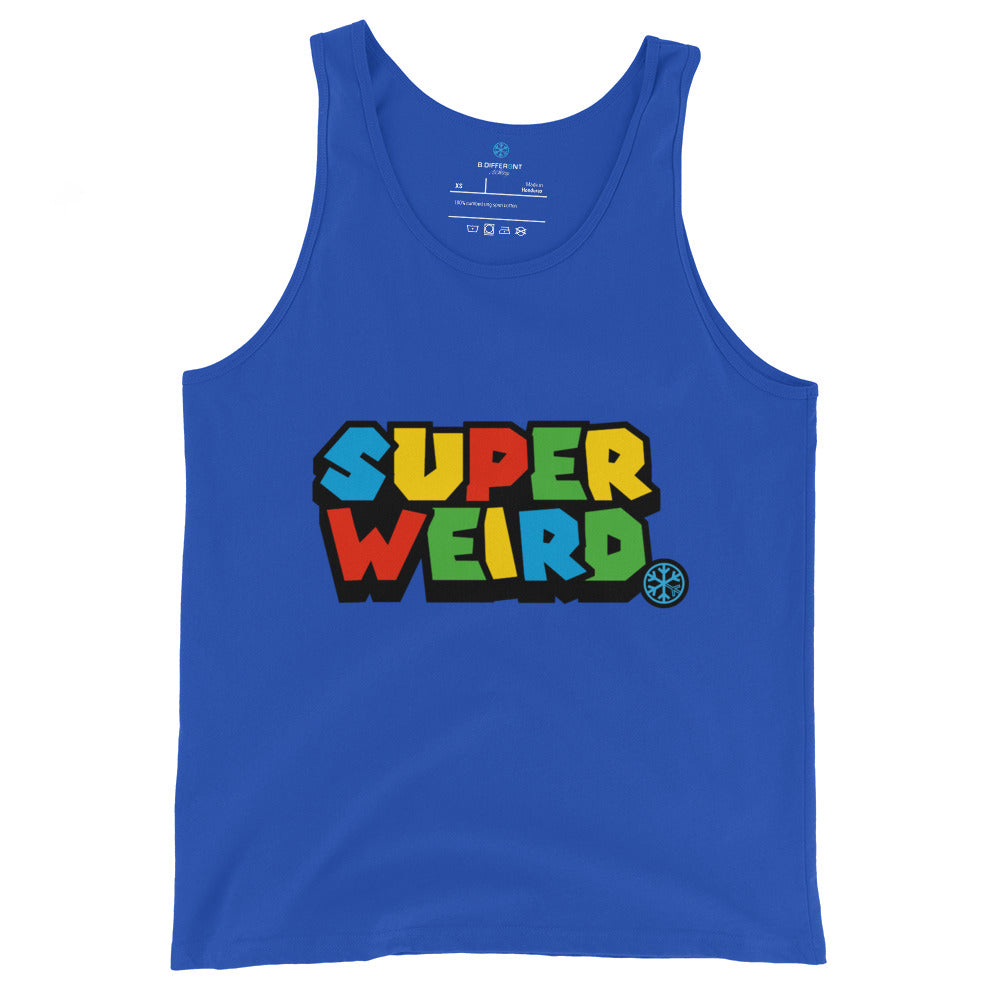Blue-Super Weird Tank Top from B.Different Clothing, front view, graffiti-inspired streetwear
