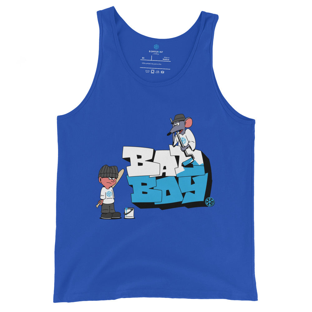 Blue-Bad Boy Graffiti Tank Top from B.Different Clothing, front view, graffiti-inspired streetwear