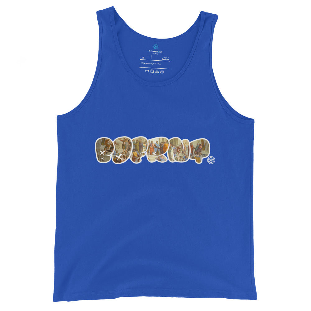 Blue-BDFRNT Throwie x School of Athens Graffiti Tank Top from B.Different Clothing, front view, graffiti-inspired streetwear