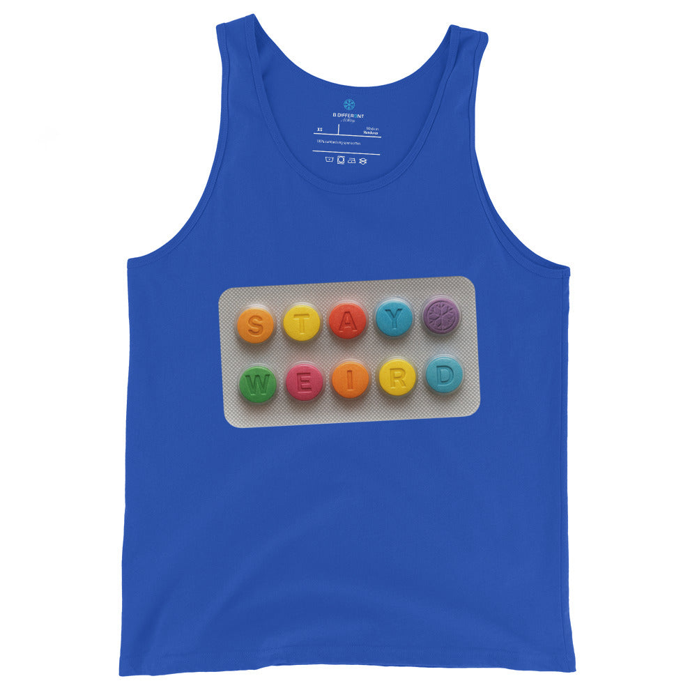 Blue-Stay Weird Pills Tank Top from B.Different Clothing, front view, graffiti-inspired streetwear