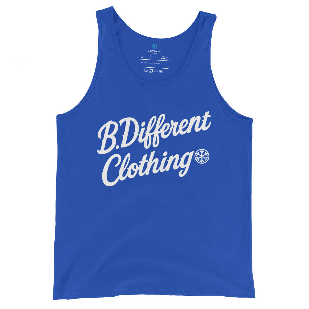 Blue-The League Tank Top from B.Different Clothing, front view, graffiti-inspired streetwear
