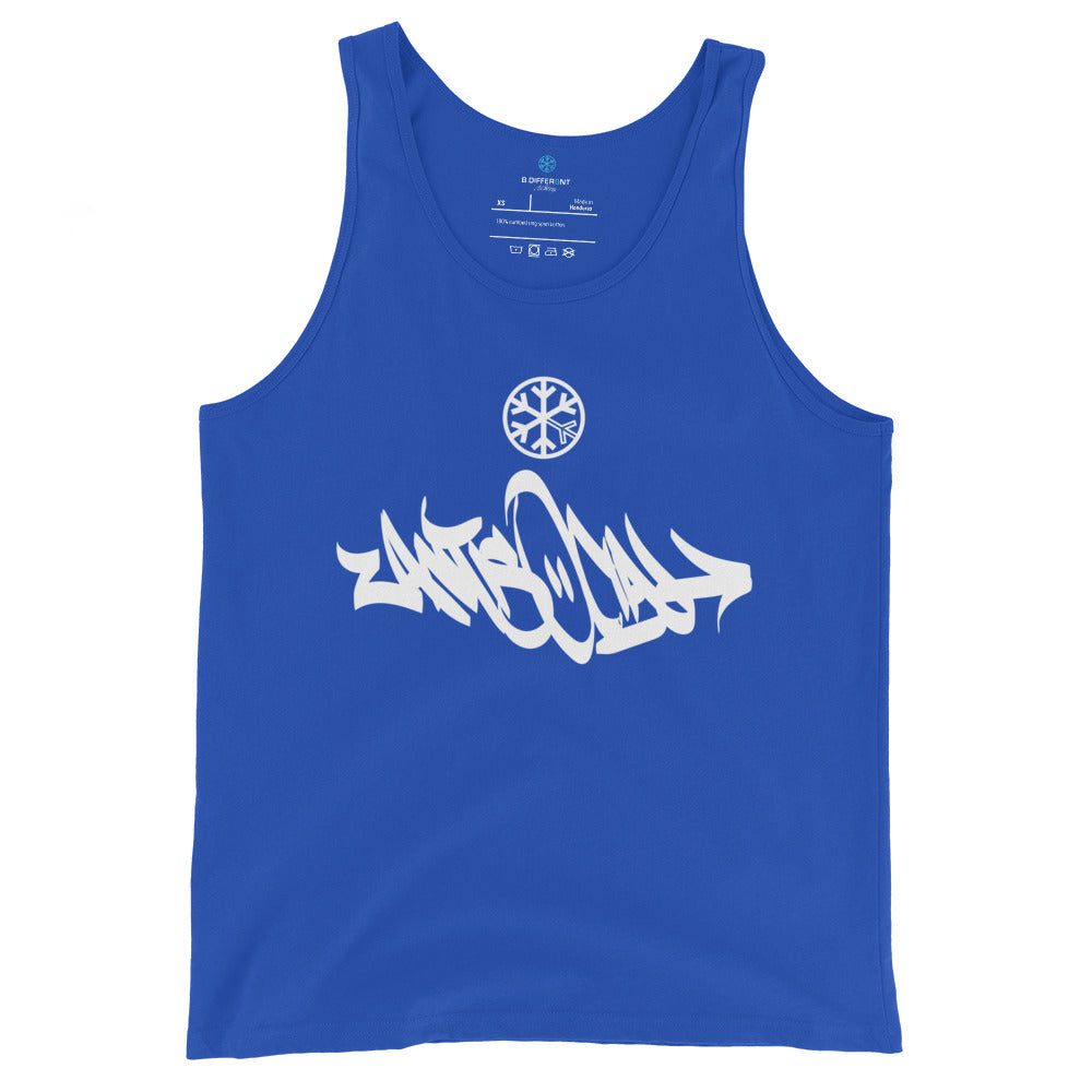 Blue-Antisocial Graffiti Tag Tank Top from B.Different Clothing, front view, graffiti-inspired streetwear