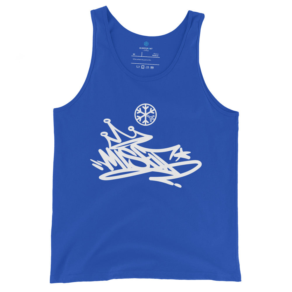 Blue-Misfit Graffiti Tag Tank Top from B.Different Clothing, front view, graffiti-inspired streetwear