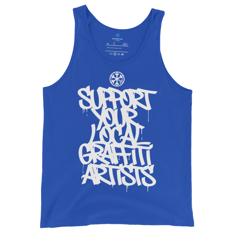 Blue-Support Your Local Graffiti Artists Tank Top from B.Different Clothing, front view, graffiti-inspired streetwear