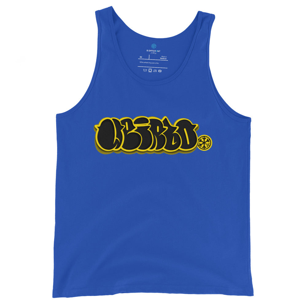 Blue-Weirdo Graffiti Throwie Tank Top from B.Different Clothing, front view, graffiti-inspired streetwear