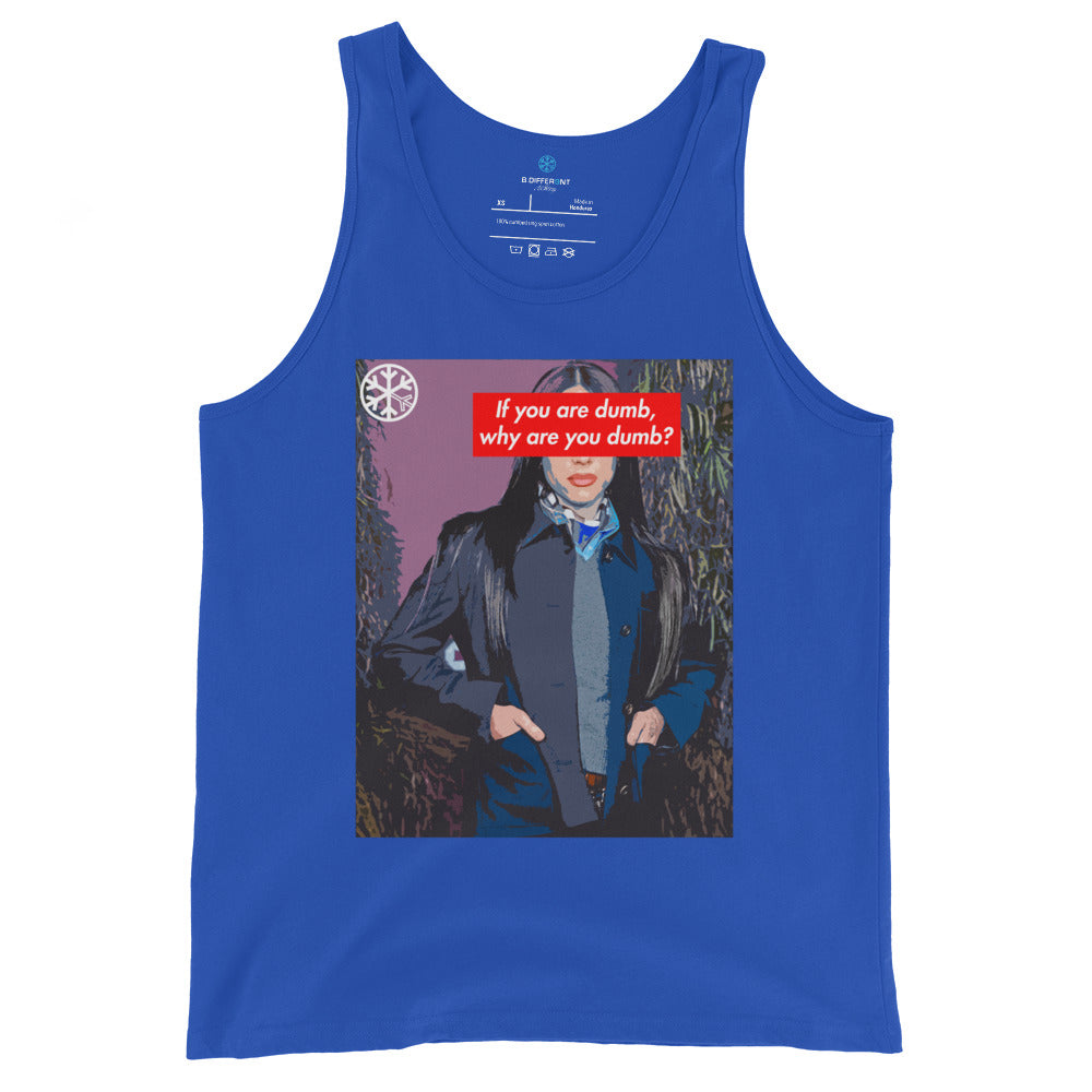 Blue-Why Are You Dumb Tank Top from B.Different Clothing, front view, graffiti-inspired streetwear mockup
