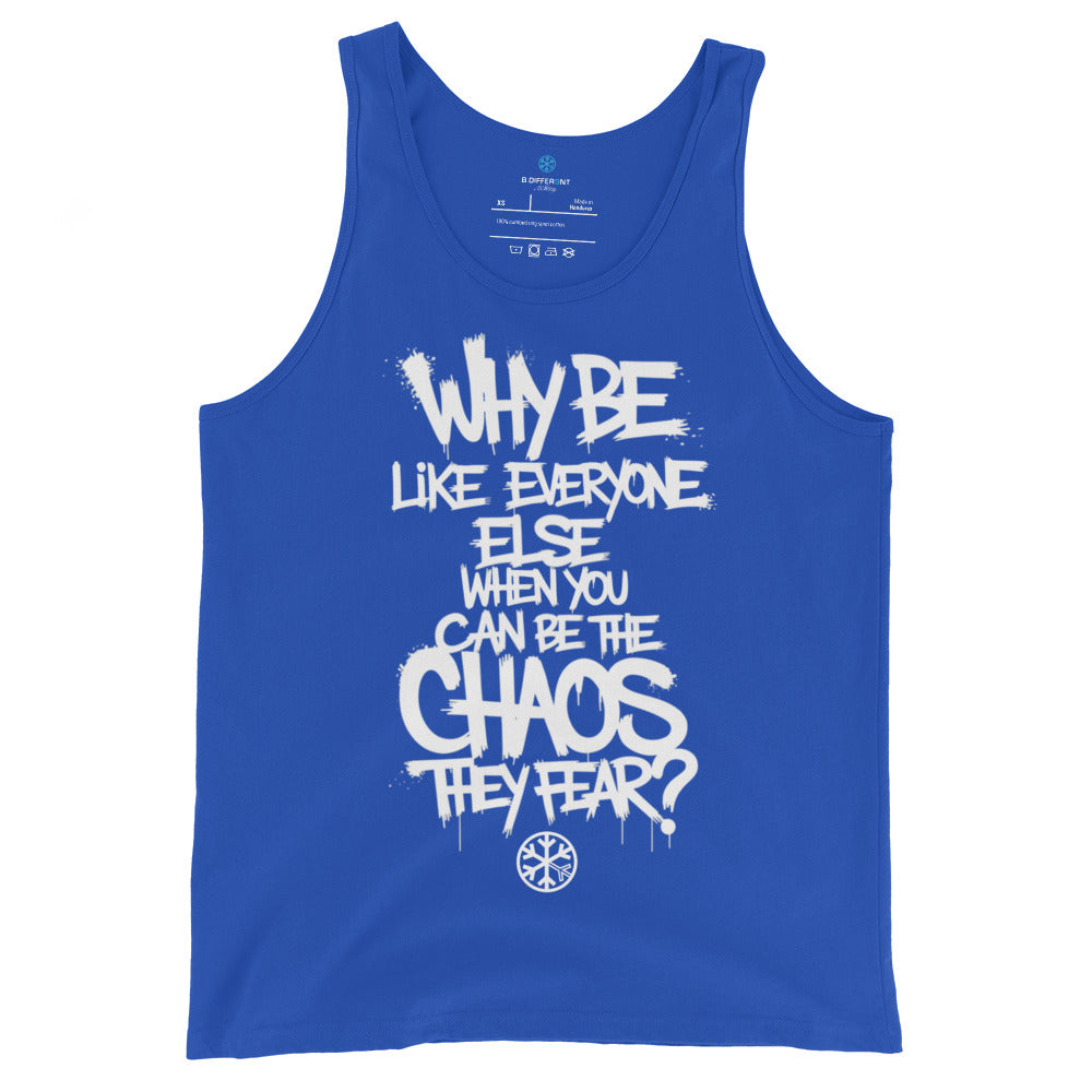 Blue-Chaos They Fear Graffiti Tag Tank Top from B.Different Clothing, front view, graffiti-inspired streetwear