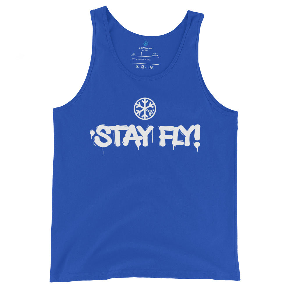 Blue-Stay Fly Graffiti Tag Tank Top from B.Different Clothing, front view, graffiti-inspired streetwear