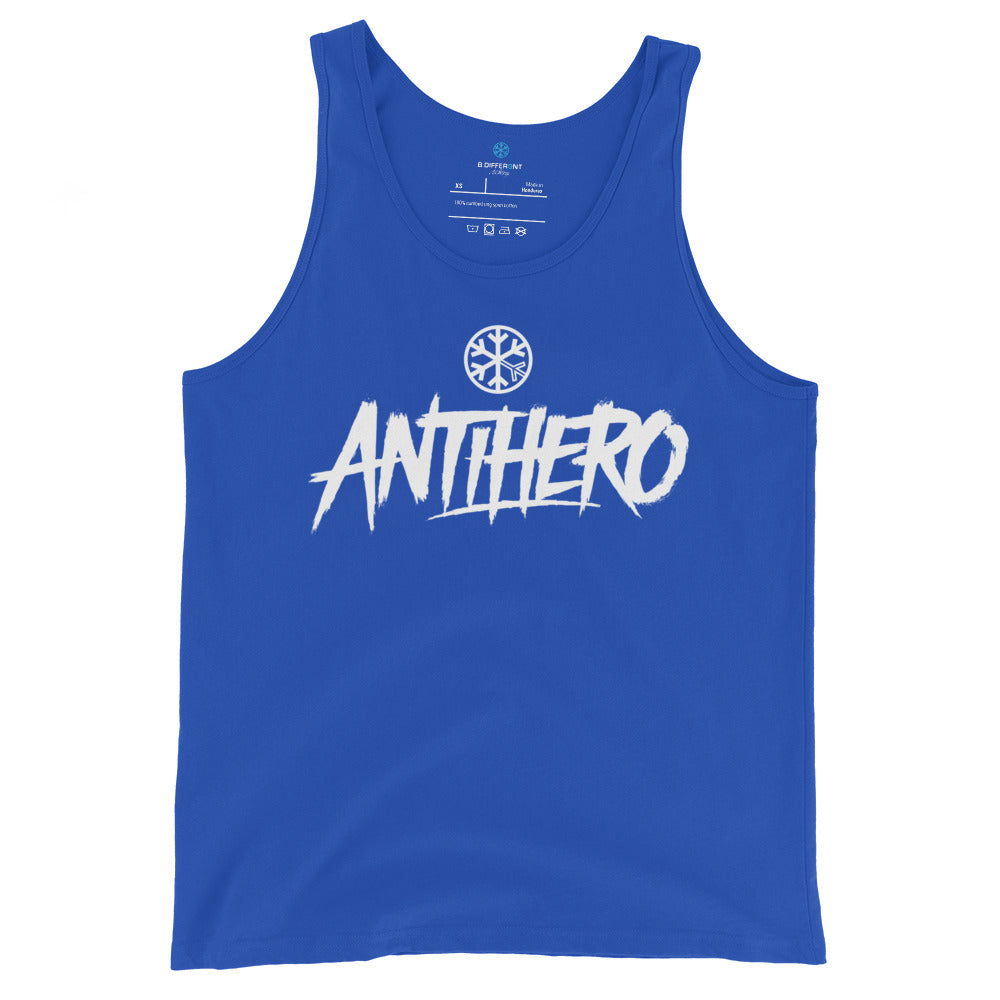 Blue-Antihero Graffiti Tag Tank Top from B.Different Clothing, front view, graffiti-inspired streetwear