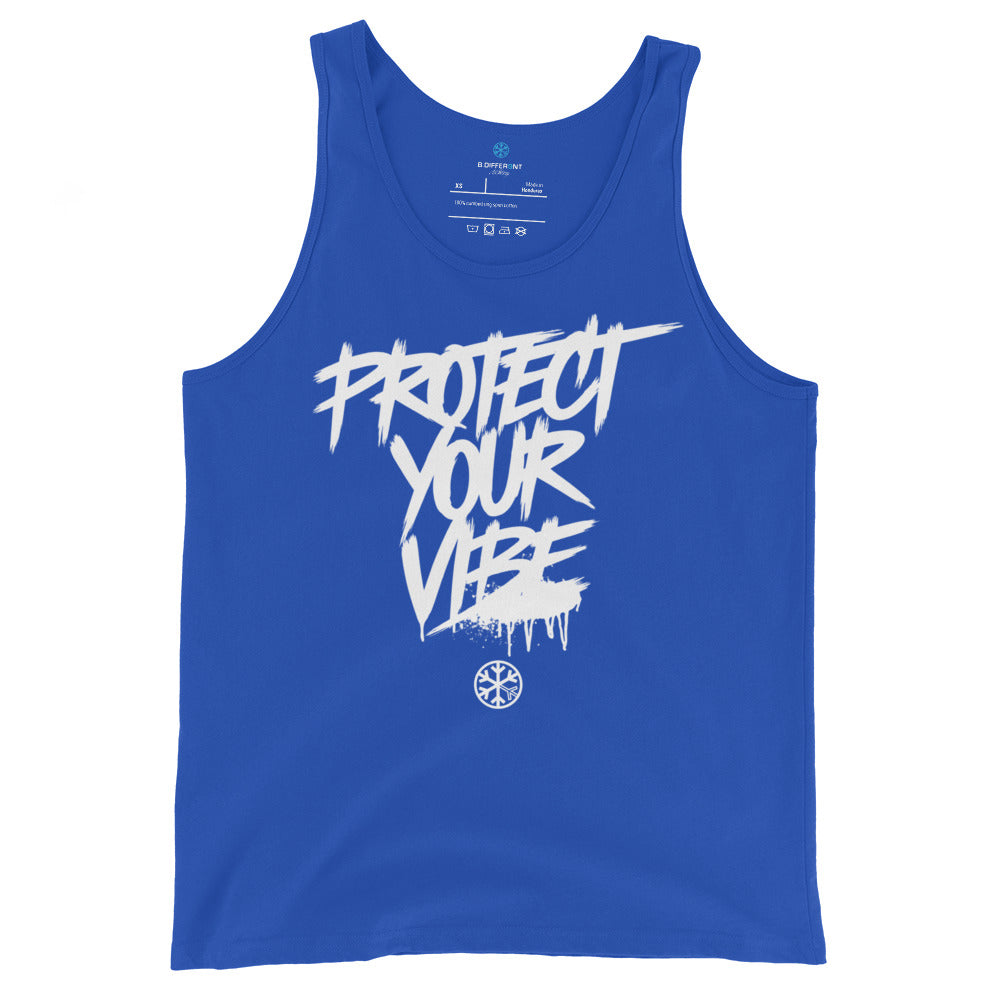 Blue-Protect Your Vibe Graffiti Tag Tank Top from B.Different Clothing, front view, graffiti-inspired streetwear