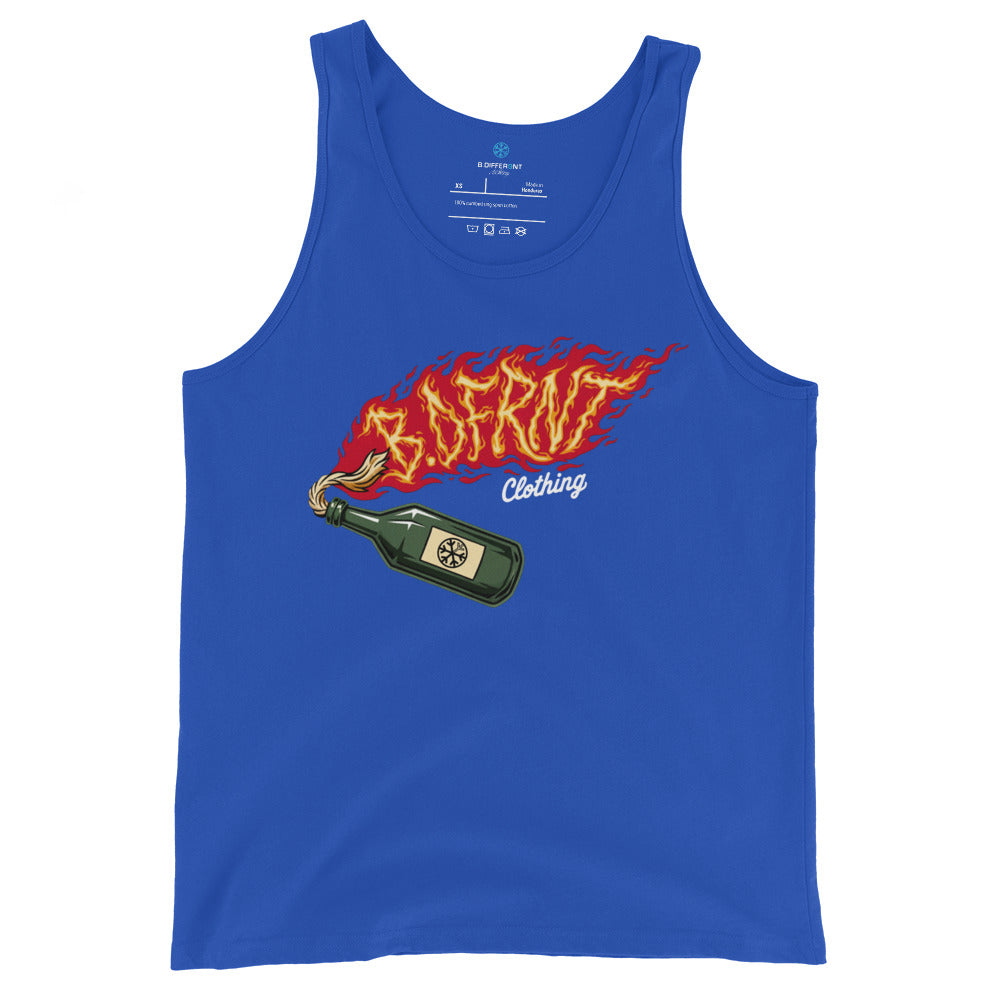 Blue-Molotov Graffiti Tank Top from B.Different Clothing, front view, graffiti-inspired streetwear