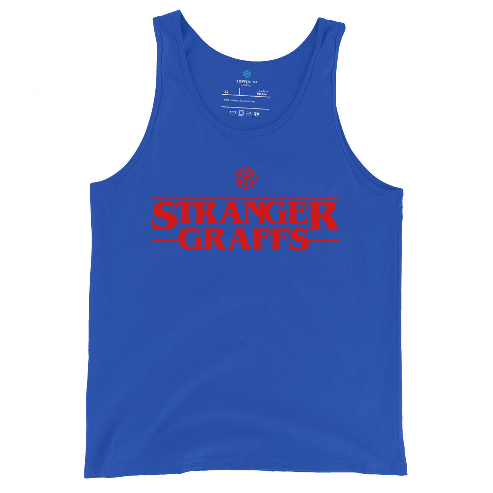 Blue-Stranger Graffs Tank Top from B.Different Clothing, front view, graffiti-inspired streetwear