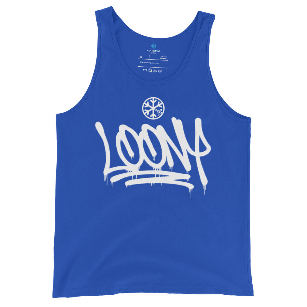 Blue-Loony Graffiti Tag Tank Top from B.Different Clothing, front view, graffiti-inspired streetwear