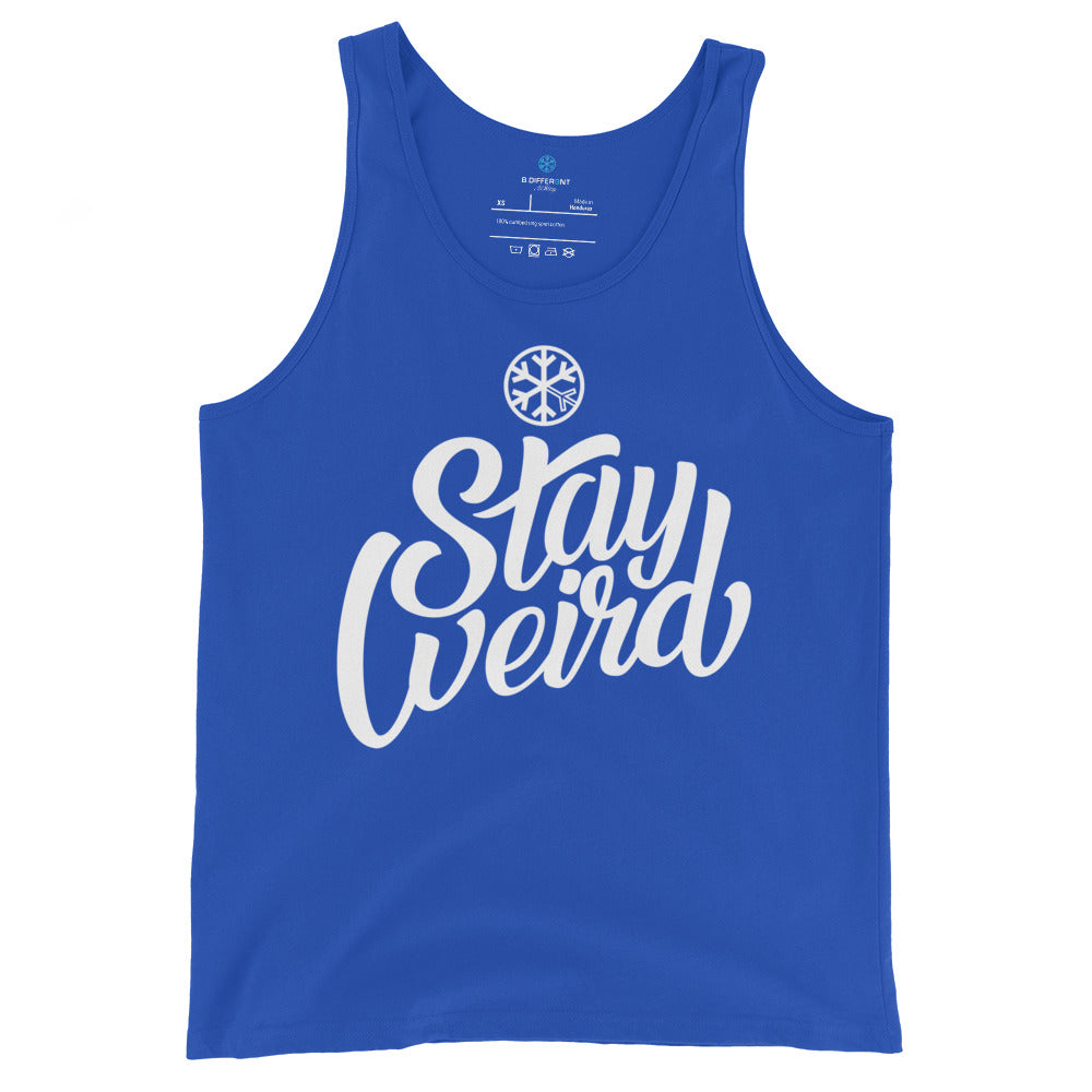 Blue-Stay Weird Tank Top from B.Different Clothing, front view, graffiti-inspired streetwear