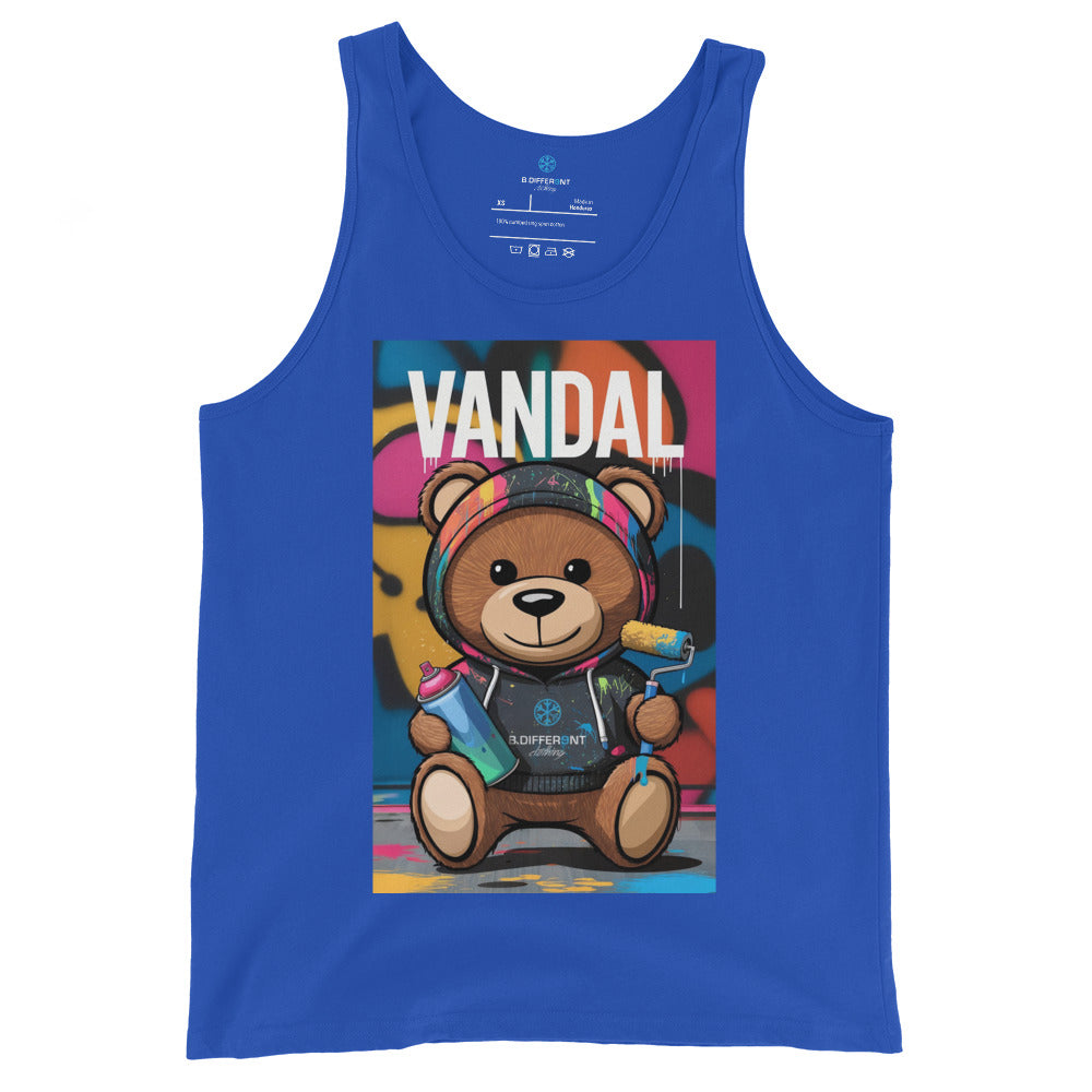 Blue-Vandal Teddy Bear Graffiti Tank Top from B.Different Clothing, front view, graffiti-inspired streetwear