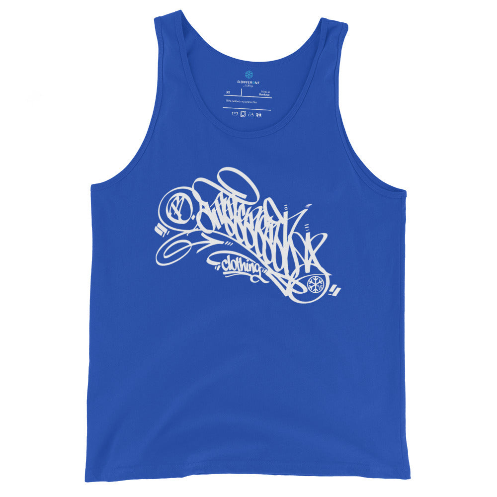 Blue-B.Different Clothing Graffiti Tag Tank Top from B.Different Clothing, front view, graffiti-inspired streetwear