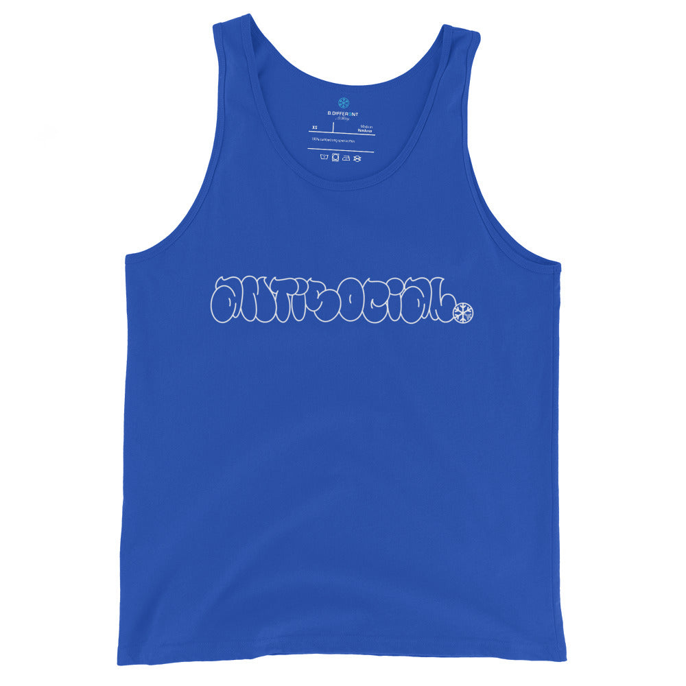 Blue-Antisocial Graffiti Hollow Tank Top from B.Different Clothing, front view, graffiti-inspired streetwear