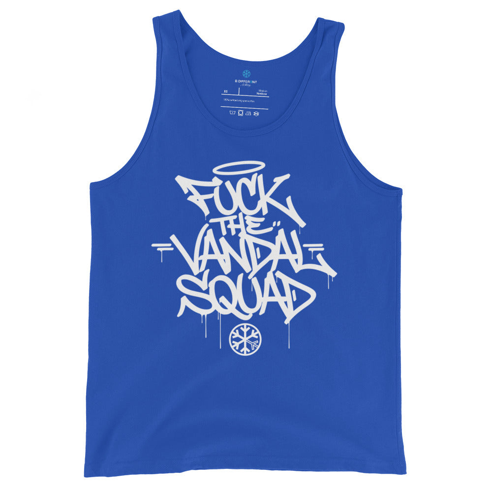 Blue-Fuck The Vandal Squad Graffiti Tank Top from B.Different Clothing, front view, graffiti-inspired streetwear