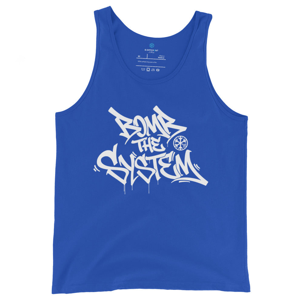 Blue-Bomb The System Graffiti Tank Top from B.Different Clothing, front view, graffiti-inspired streetwear