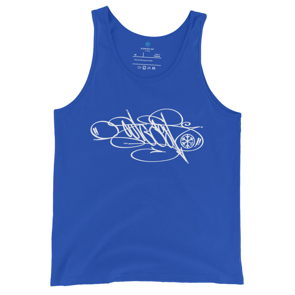 Blue-Outcast Tag Tank Top by Graffiti Dad from B.Different Clothing, front view, graffiti-inspired streetwear