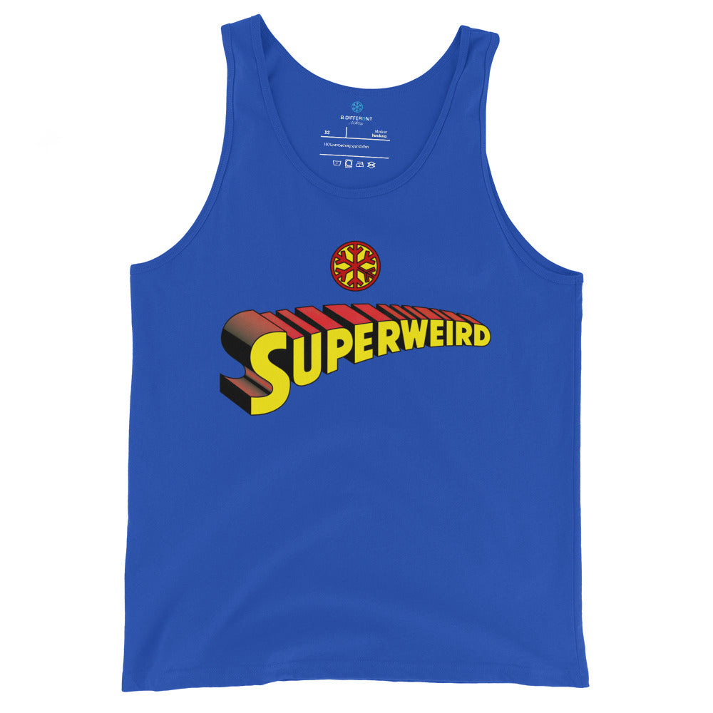 Blue-Superweird Tank Top from B.Different Clothing, front view, graffiti-inspired streetwear