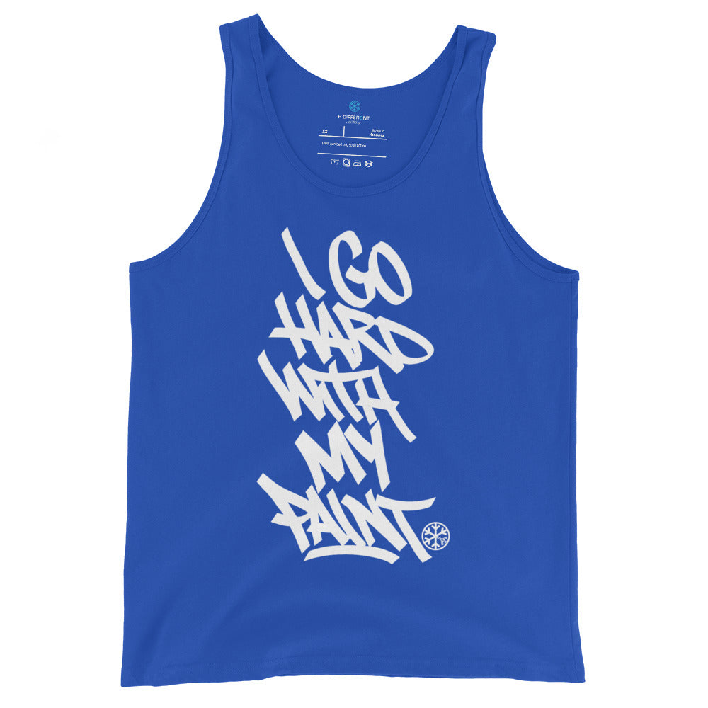 Blue-I Go Hard With My Paint Graffiti Tank Top from B.Different Clothing, front view, graffiti-inspired streetwear