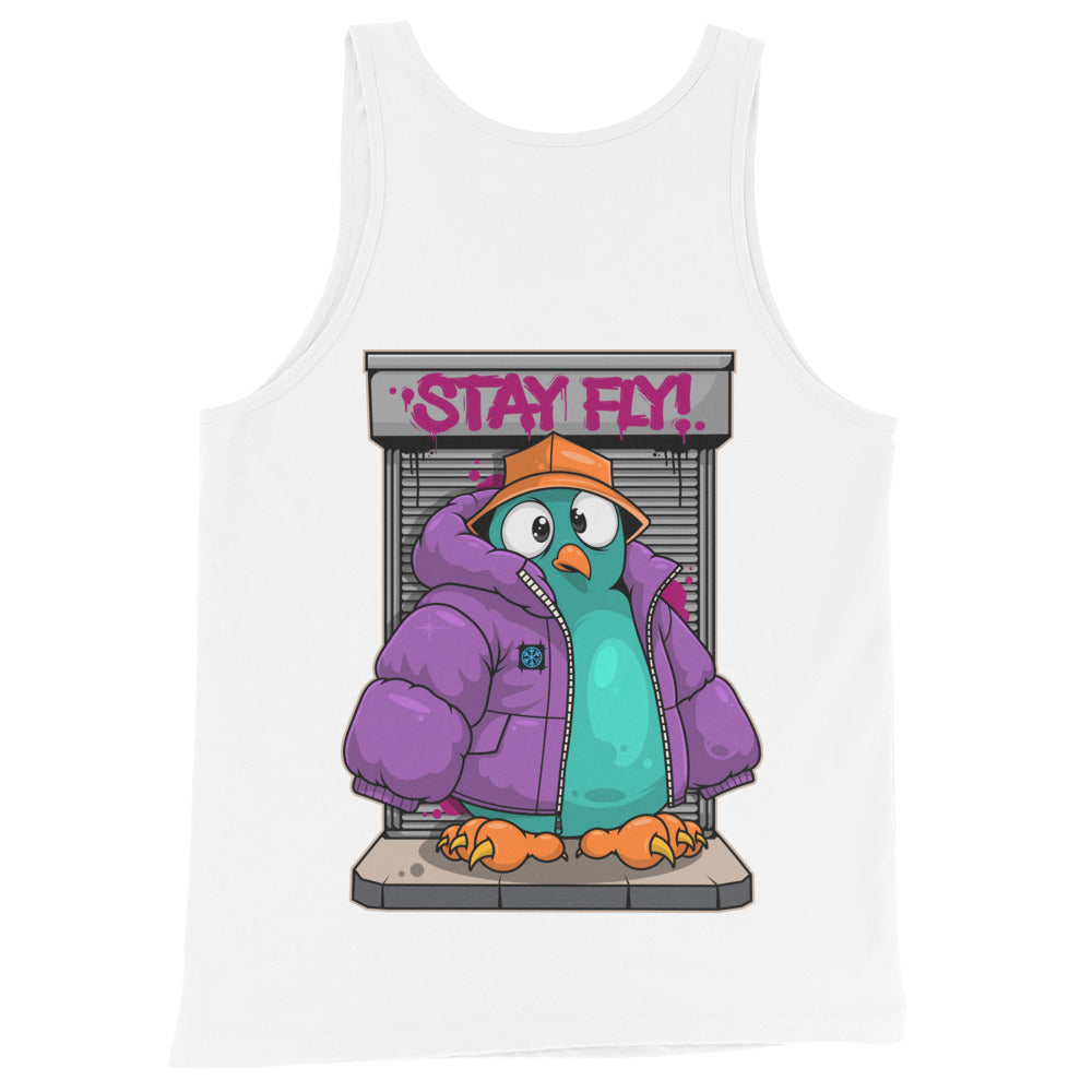 White-Stay Fly Graffiti Character Tank Top from B.Different Clothing, back view, graffiti-inspired streetwear