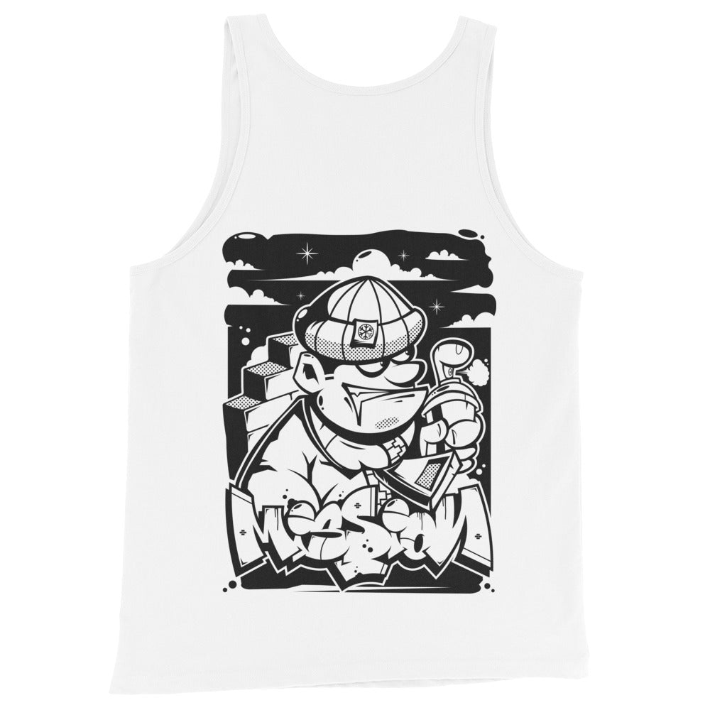 White-Mission Graffiti Character Tank Top from B.Different Clothing, back view, graffiti-inspired streetwear