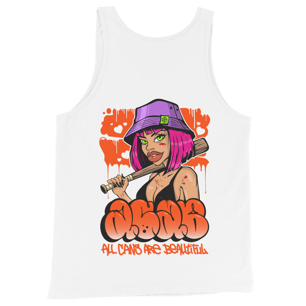 White-ACAB Girl Graffiti Tank Top from B.Different Clothing, back view, graffiti-inspired streetwear