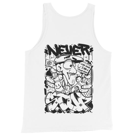 White-Never Stop Graffiti Character Tank Top from B.Different Clothing, back view, graffiti-inspired streetwear