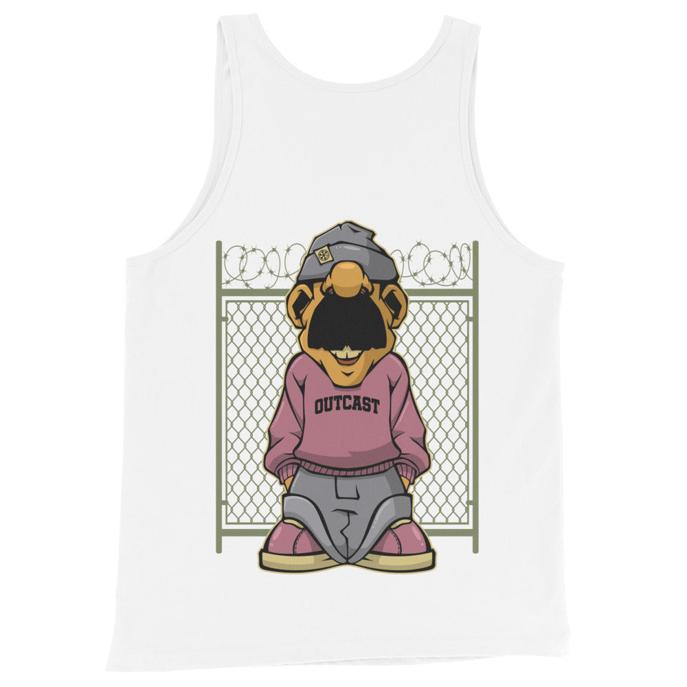White-Outcast Graffiti Character Tank Top from B.Different Clothing, back view, graffiti-inspired streetwear