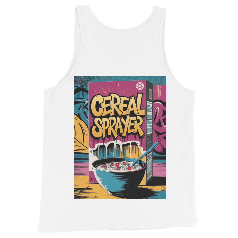 White-Cereal Sprayer Graffiti Tank Top from B.Different Clothing, back view, graffiti-inspired streetwear