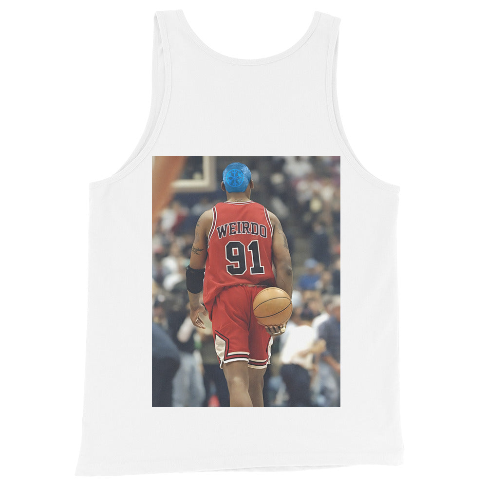 White-Dennis Graffiti Tank Top from B.Different Clothing, back view, graffiti-inspired streetwear
