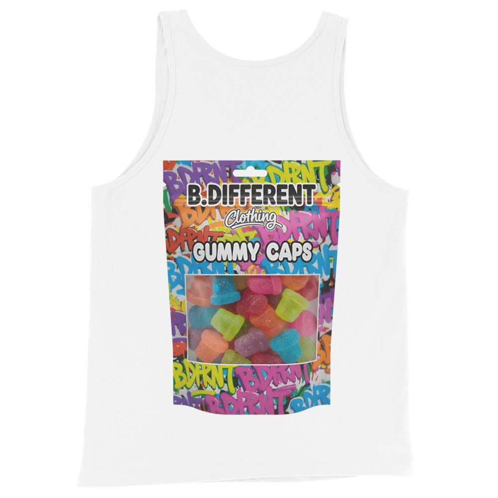 White-Gummy Caps Graffiti Tank Top from B.Different Clothing, back view, graffiti-inspired streetwear